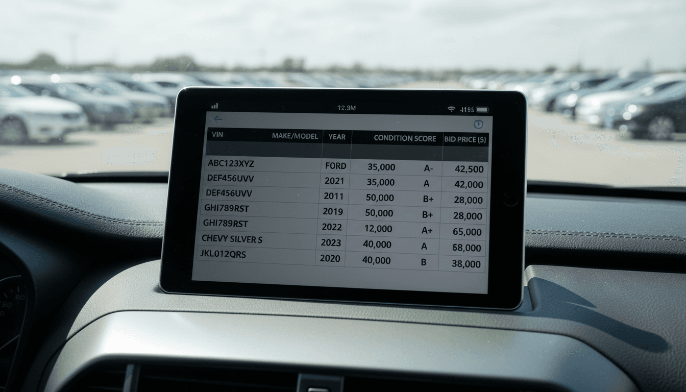 Analytical data screen overlaid on car dashboard in auction lot setting