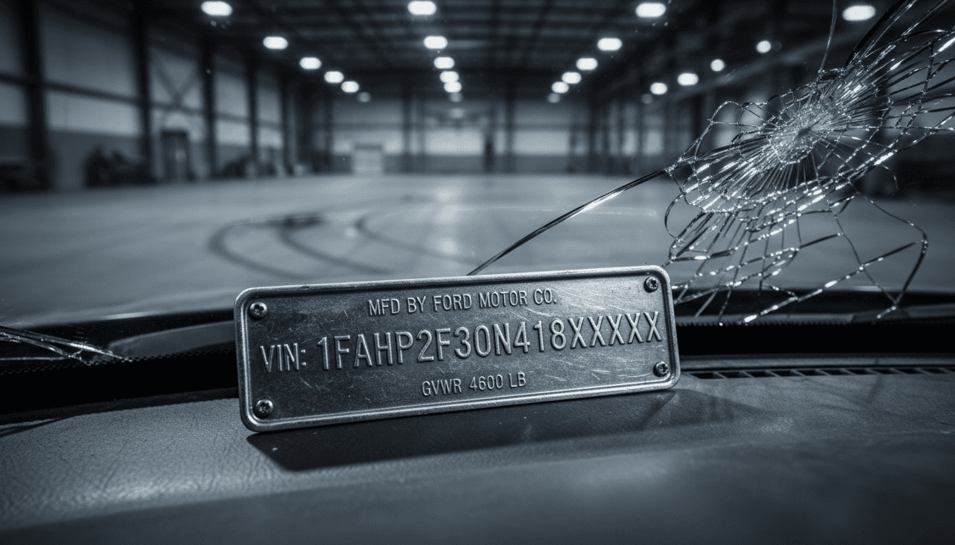 Close-up of a vehicle VIN plate with embossed characters, strong studio shadows, shallow depth of field