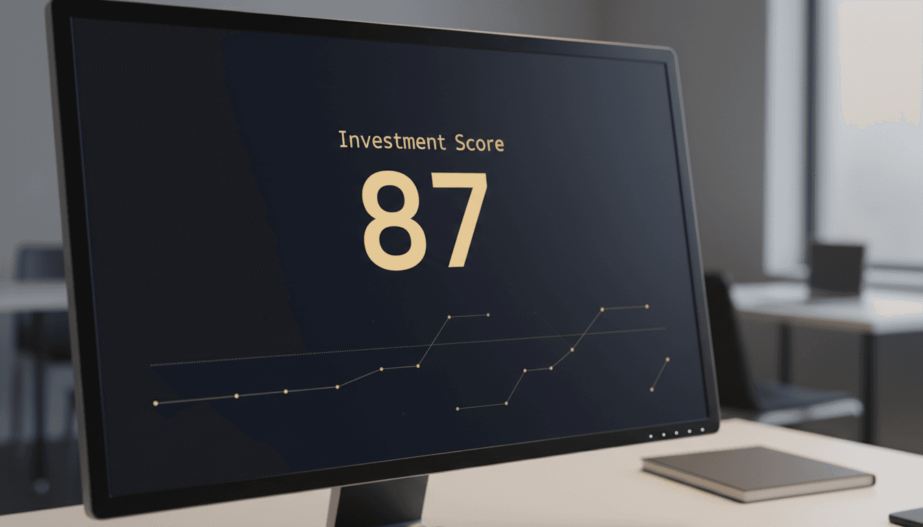 Auction Investor Pro dashboard showing an investment score and key metrics on a dark screen with gold accents.