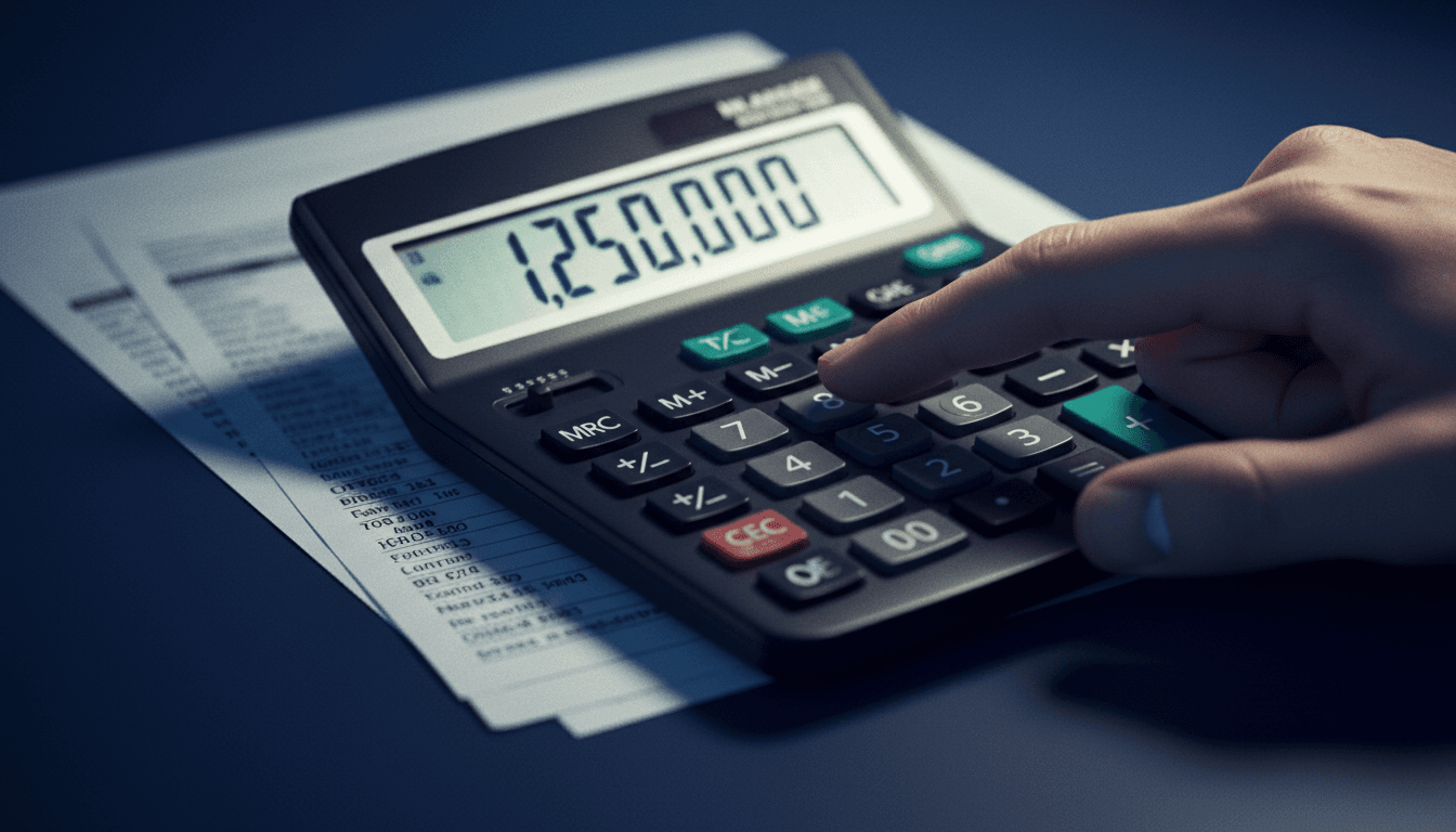 Hand pressing enter on a calculator over auction bid sheet