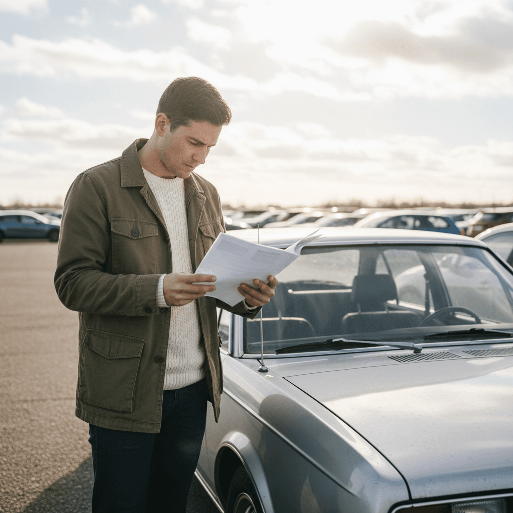 Investor reviewing vehicle report next to sedan at auction lot