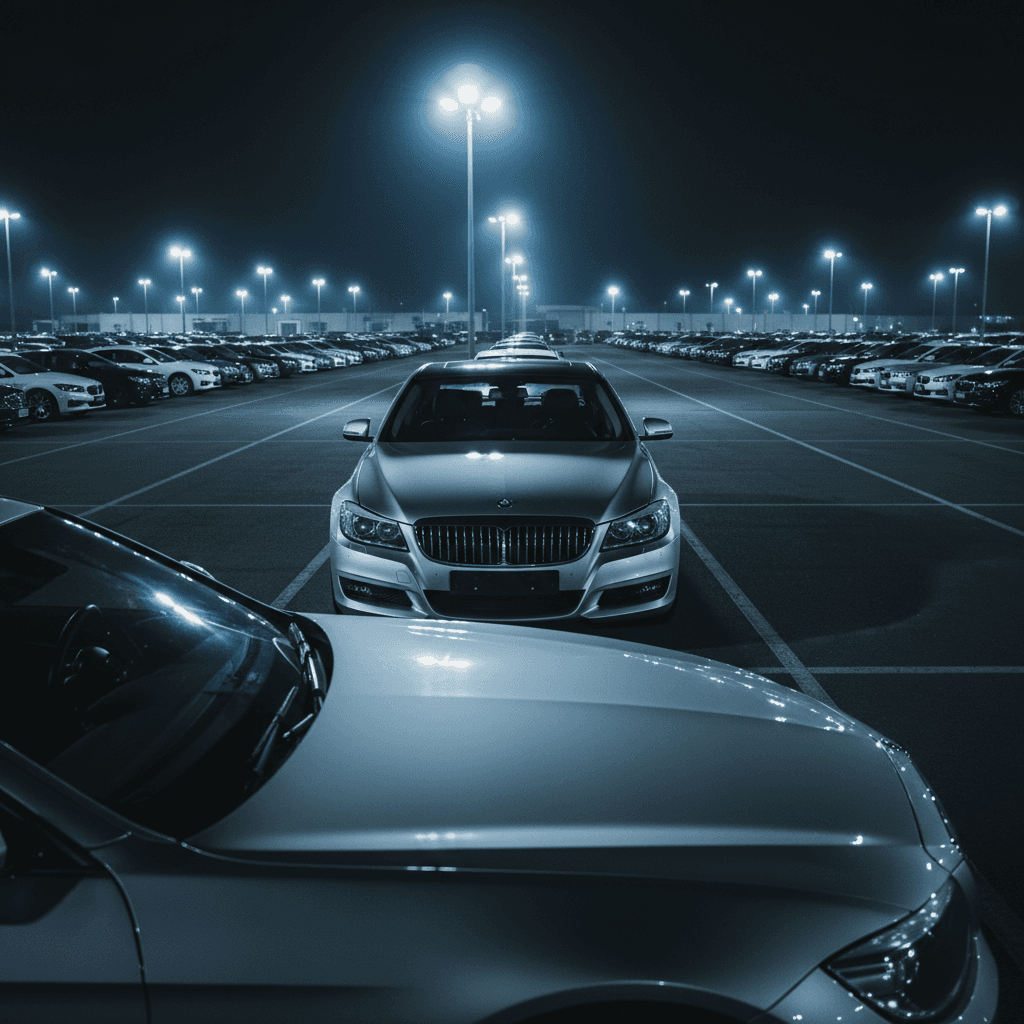 Night view of vehicle auction lot with rows of cars