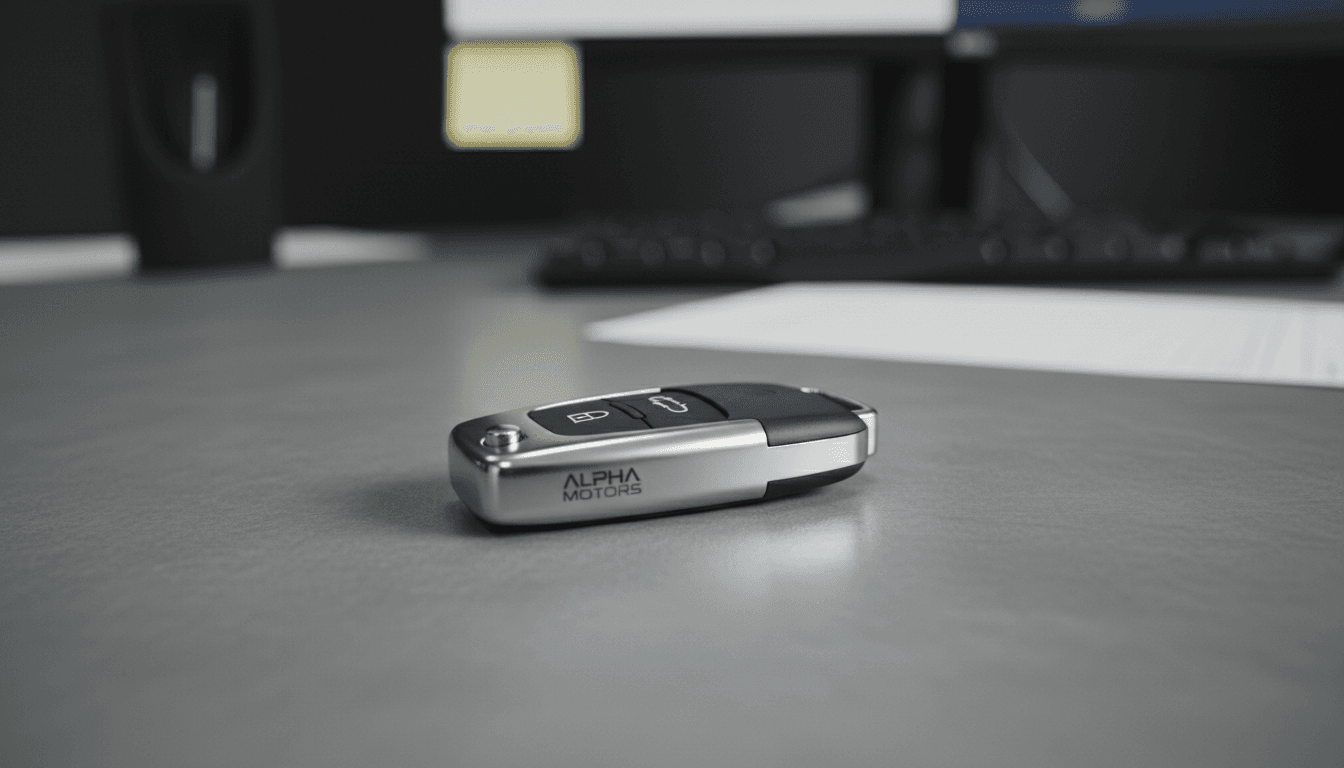 A vehicle key fob placed on a dark grey surface with soft lighting.