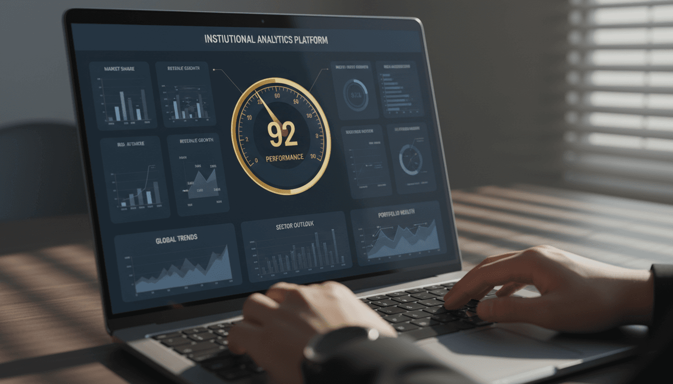 Investment score gauge on a laptop dashboard