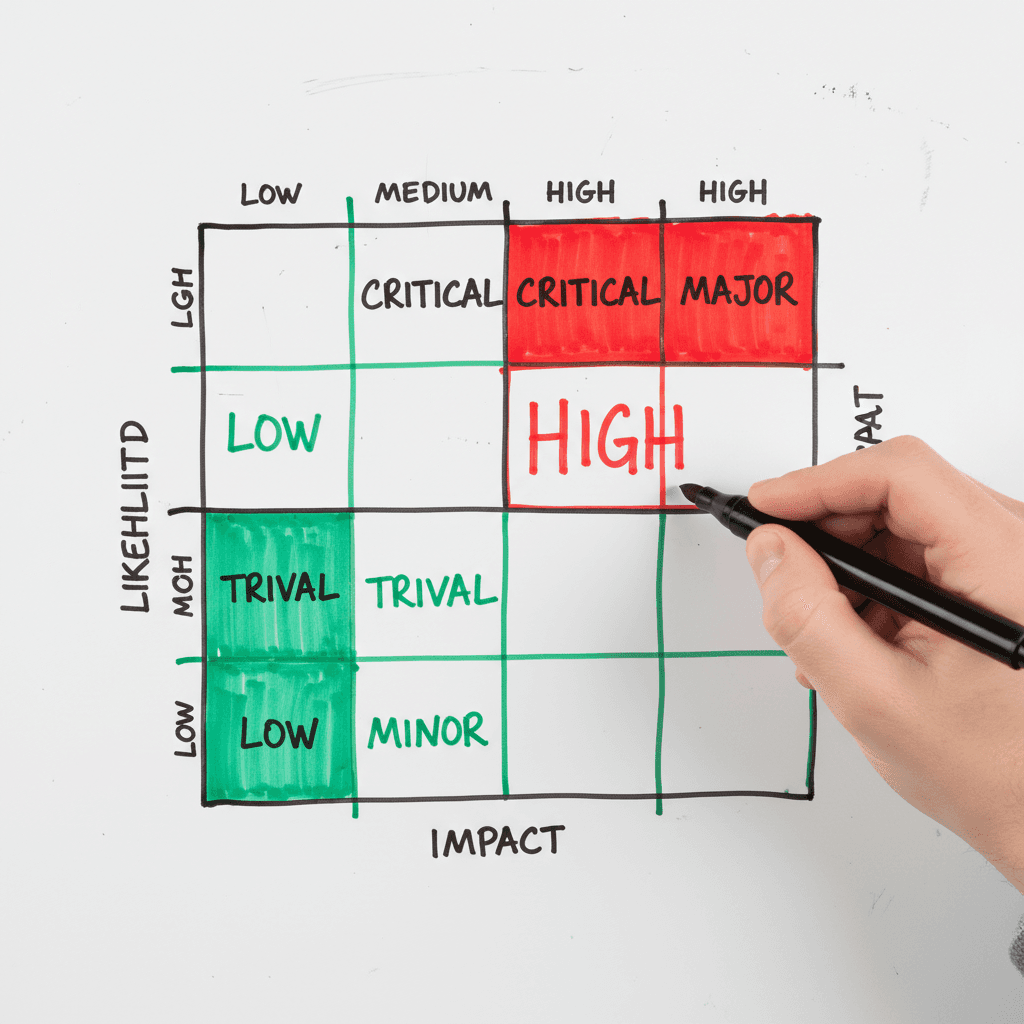 Hand pointing at a risk assessment matrix on a whiteboard