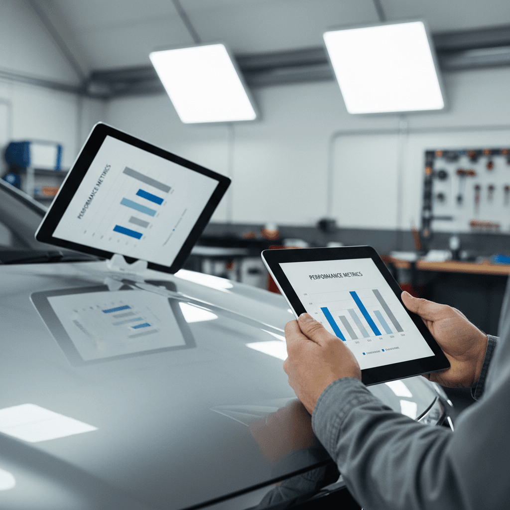 Data charts overlaid on vehicle evaluation tablet