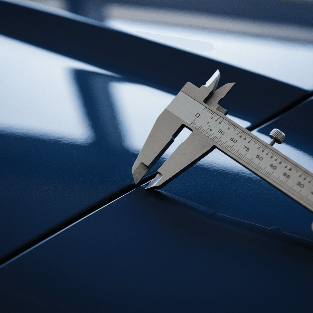 Digital caliper measuring paint thickness on vehicle body panel