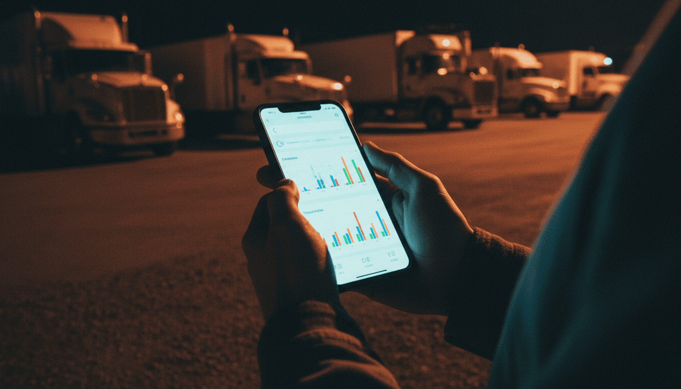 Hands holding a smartphone with a blurred data analytics dashboard, auction yard background at night