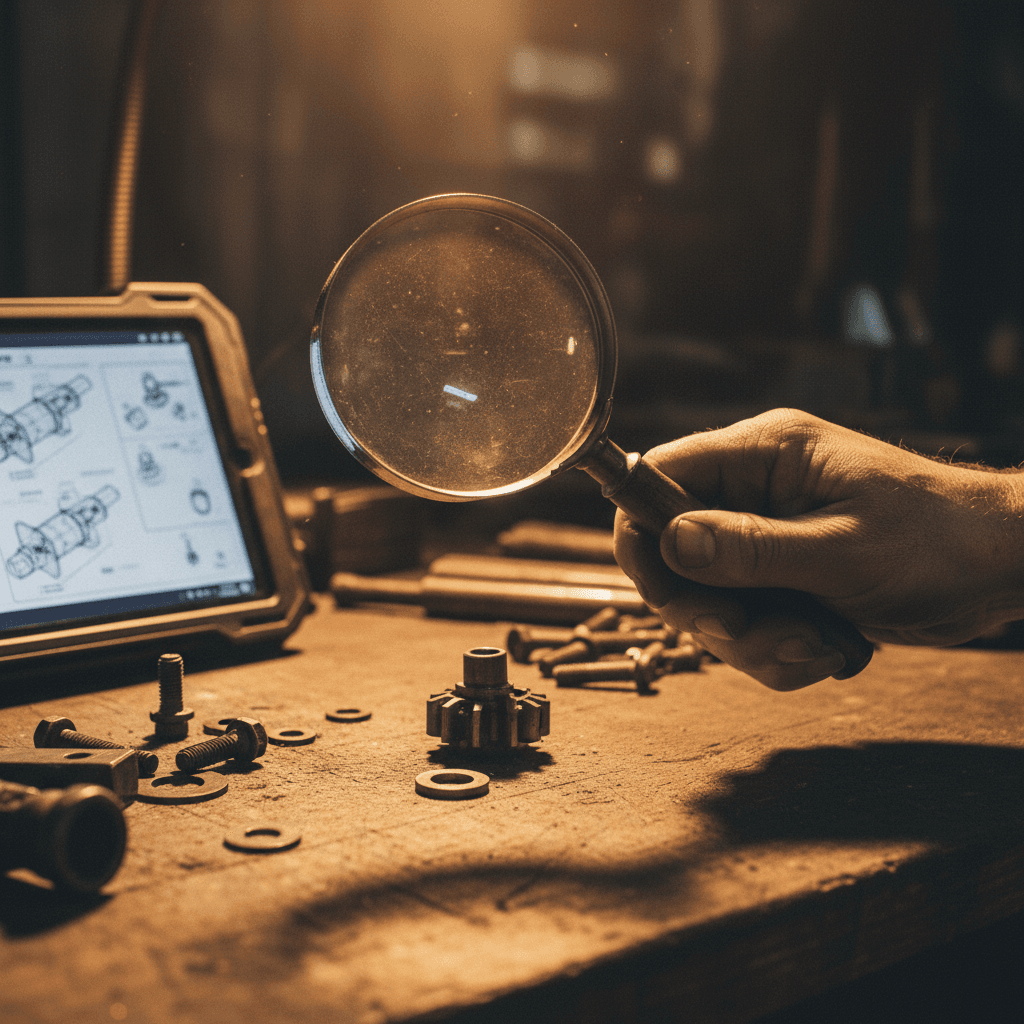 Hand inspecting a vehicle part with tools nearby