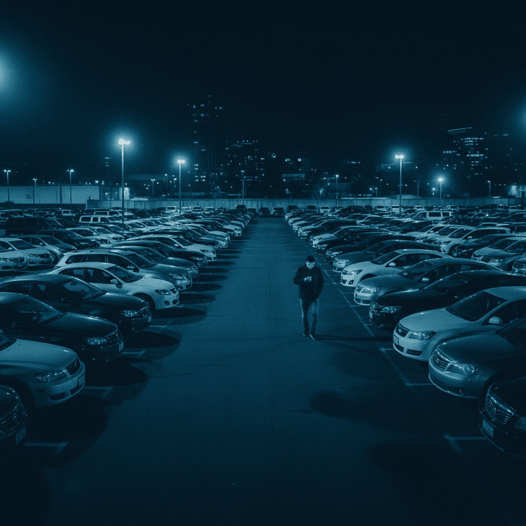 Rows of vehicles at a night auction lot